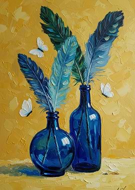 Blue Bottles with Feathers and Butterflies