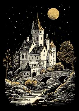 Fantasy Castle Under Moonlight Illustration