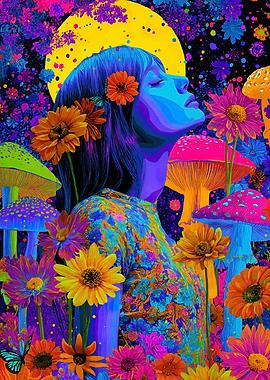 Psychedelic Woman with Flowers and Mushrooms