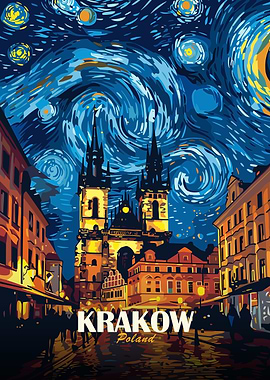 Krakow Poland Night Cityscape Art