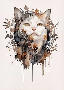 Watercolor Cat Portrait with Foliage