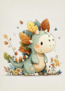 Cute Cartoon Dinosaur with Autumn Leaves