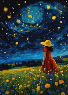 Girl in Field Under Starry Night