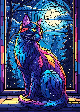 Colorful Cat Stained Glass Window