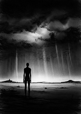 Monochrome Figure Gazing at Distant Light
