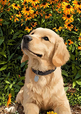 Golden Retriever in a Field of Flowers