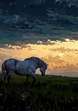 Horse in Field at Sunset