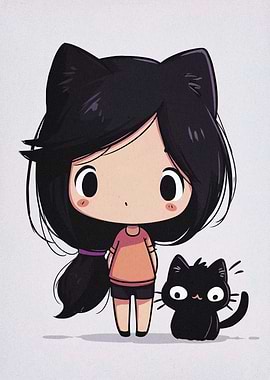 Chibi Girl with Cat Ears and Cat