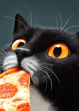 Black Cat Eating Pizza Slice