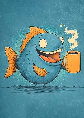 Cartoon Fish with Coffee Mug