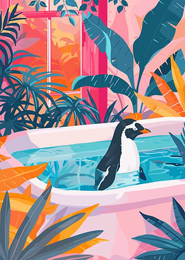 Penguin in Bathtub with Tropical Plants