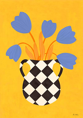 Blue Tulips in Checkered Vase
