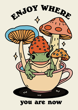 Frog in Teacup with Mushrooms