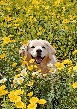 Happy Dog in a Flower Field