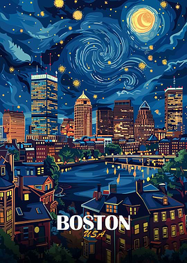 Boston USA Night Skyline Art