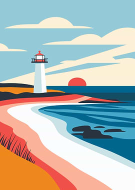 Coastal Lighthouse Landscape Illustration