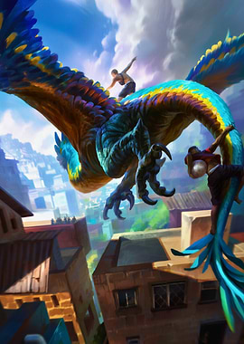 Riding a Giant Bird Over the City