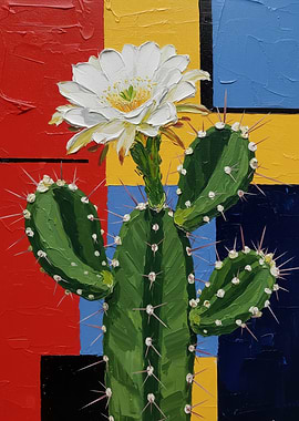 Cactus Flower Painting with Geometric Background