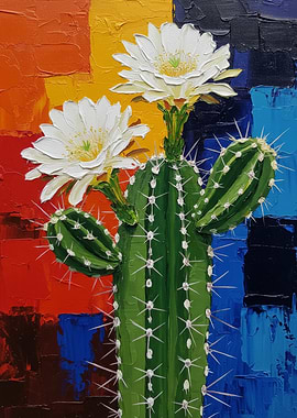 Blooming Cactus Painting with Colorful Background