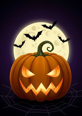 Halloween Pumpkin with Bats and Moon