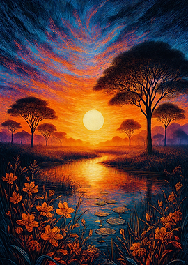 Sunset over a Tranquil River African Savannah