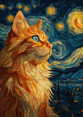 Cat in Starry Night Style