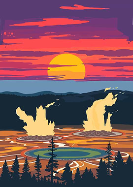 Yellowstone National Park Sunset Illustration