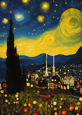 Starry Night Cityscape Painting