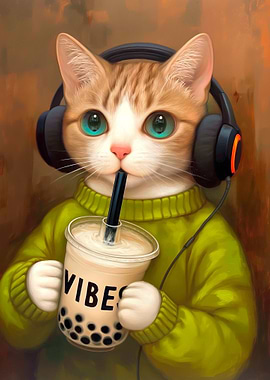 Cat with Headphones and Bubble Tea