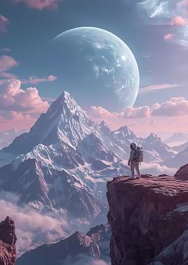 Astronaut on Mountain Peak with Planet