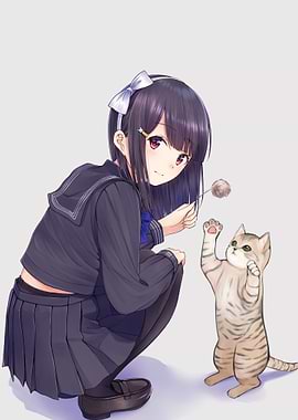 Anime Girl Playing with Kitten