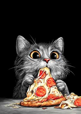 Cat Eating Pizza Slice Illustration