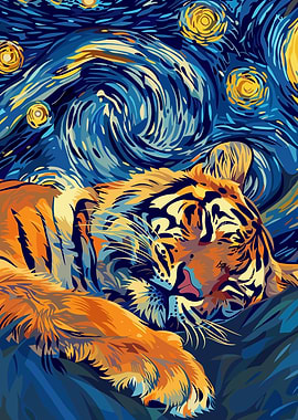 Sleeping Tiger in Starry Night Style
