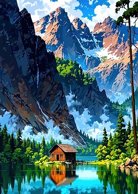 Cabin by the Lake, Mountain Backdrop