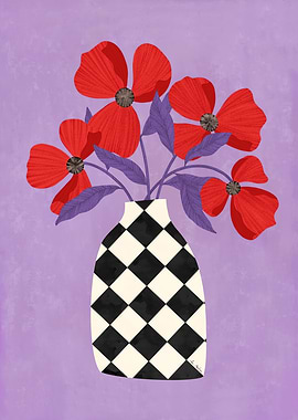 Red Flowers in Checkered Vase