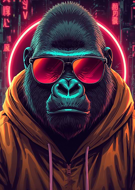 Cool Gorilla in Cyberpunk Cityscape