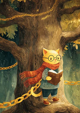 Cat Reading Book Under Tree