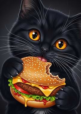 Black Cat Eating Burger
