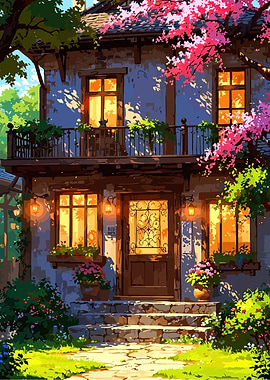 Charming House with Blossoms and Warm Light