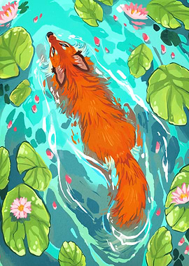 Fox Swimming Lily Pond