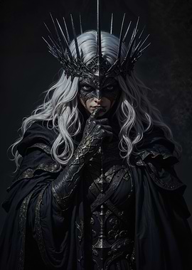 Mysterious Dark Fantasy Queen: Enigmatic Mask and Silver Hair Portrait