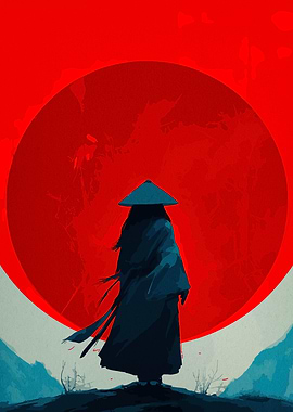 Samurai Silhouette Against Red Sun