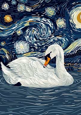 Swan in Starry Night Style