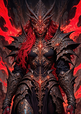 Crimson Empress: Dark Fantasy Warrior in Ornate Spiked Armor with Fiery Eyes