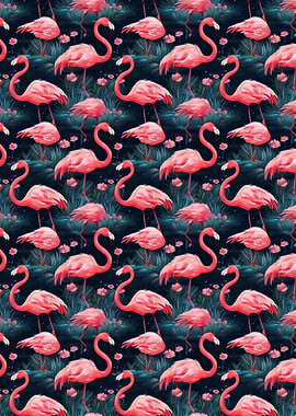 Flamingo Pattern on Dark Background