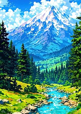 Mountain Landscape with River and Forest