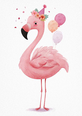 Festive Flamingo with Balloons and Party Hat