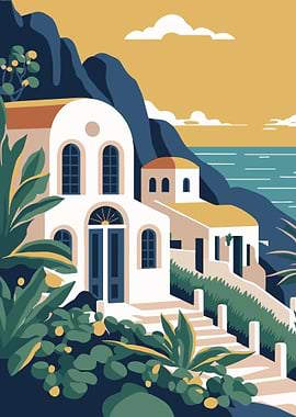 Santorini-inspired coastal villa illustration