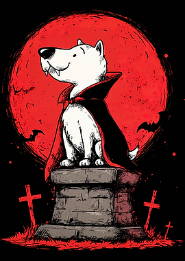 Vampire Dog on Tombstone with Red Moon