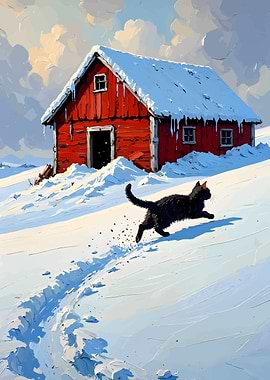 Black Cat Running in Snowy Landscape